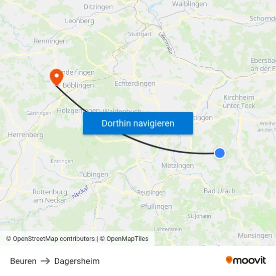 Beuren to Dagersheim map