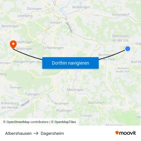 Albershausen to Dagersheim map