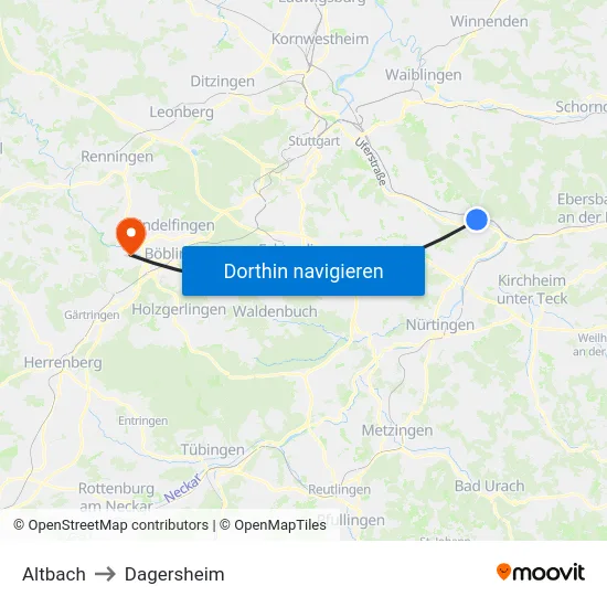 Altbach to Dagersheim map