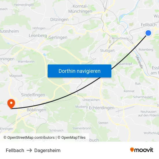 Fellbach to Dagersheim map