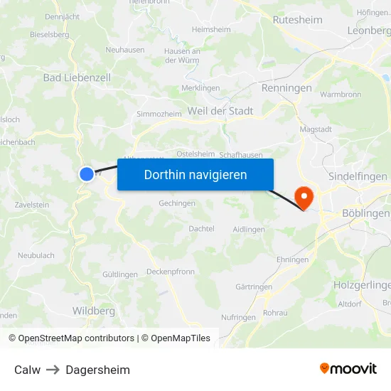 Calw to Dagersheim map