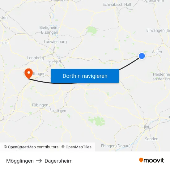 Mögglingen to Dagersheim map