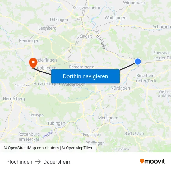 Plochingen to Dagersheim map