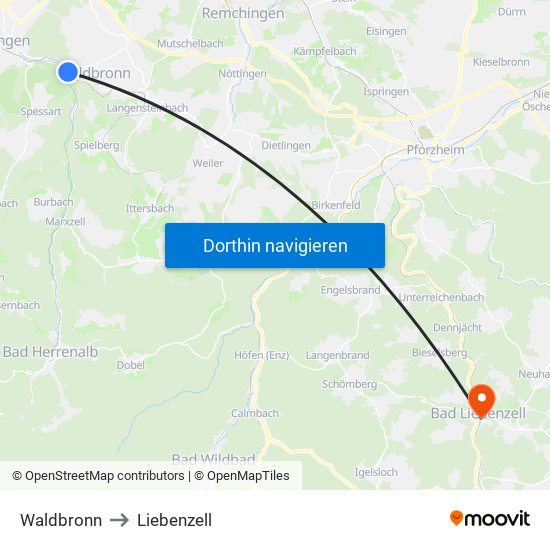 Waldbronn to Liebenzell map