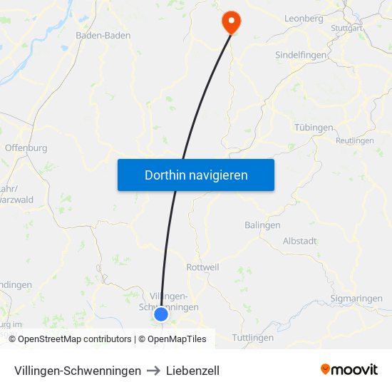 Villingen-Schwenningen to Liebenzell map