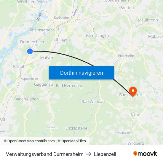 Verwaltungsverband Durmersheim to Liebenzell map