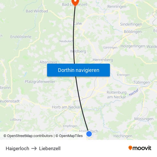 Haigerloch to Liebenzell map
