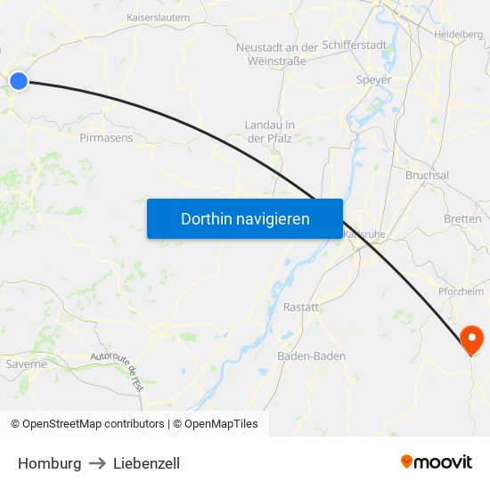 Homburg to Liebenzell map