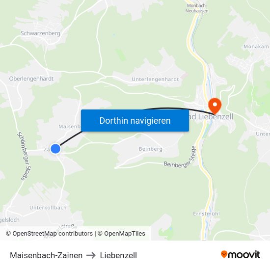 Maisenbach-Zainen to Liebenzell map