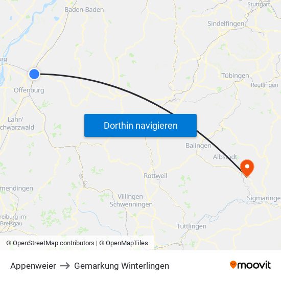 Appenweier to Gemarkung Winterlingen map