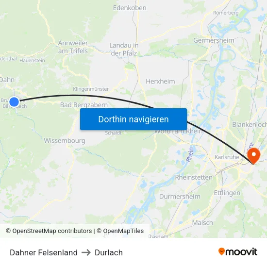 Dahner Felsenland to Durlach map
