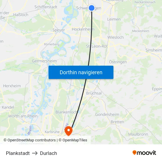 Plankstadt to Durlach map