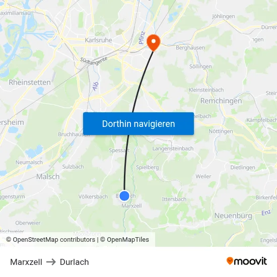 Marxzell to Durlach map