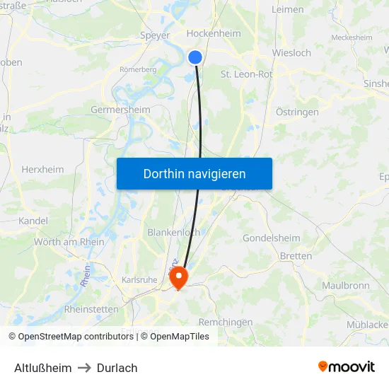 Altlußheim to Durlach map
