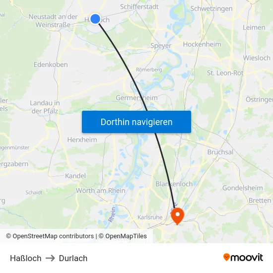 Haßloch to Durlach map