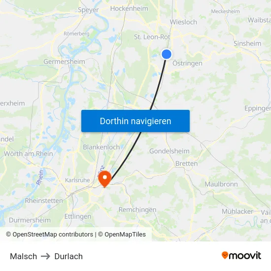 Malsch to Durlach map
