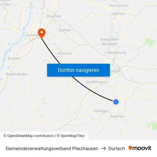 Gemeindeverwaltungsverband Pliezhausen to Durlach map