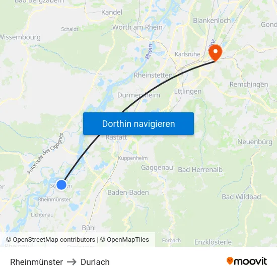 Rheinmünster to Durlach map