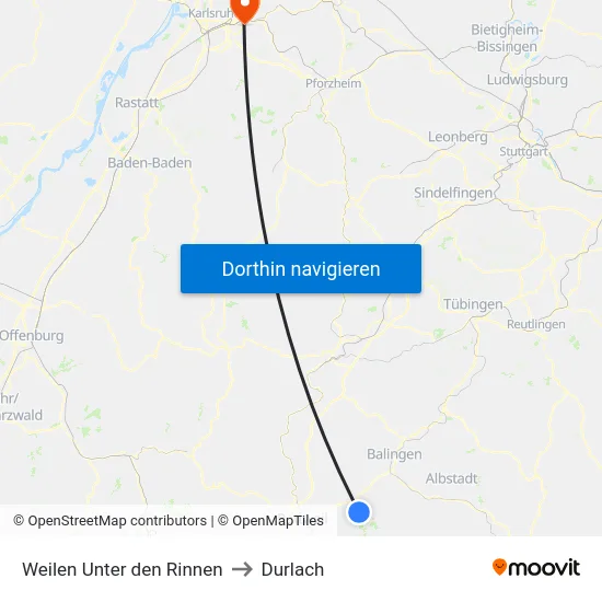 Weilen Unter den Rinnen to Durlach map