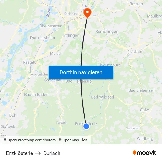 Enzklösterle to Durlach map
