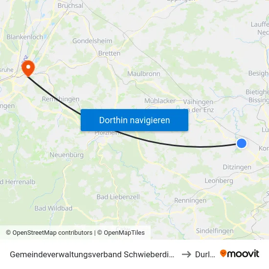 Gemeindeverwaltungsverband Schwieberdingen-Hemmingen to Durlach map