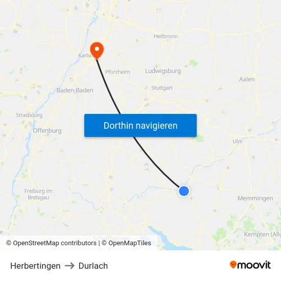 Herbertingen to Durlach map