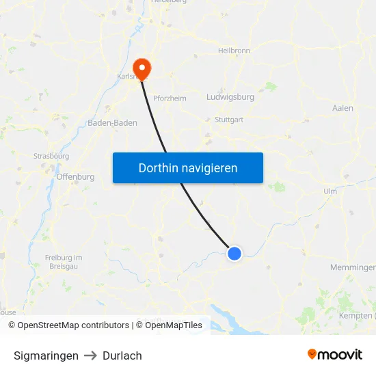 Sigmaringen to Durlach map