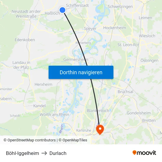 Böhl-Iggelheim to Durlach map
