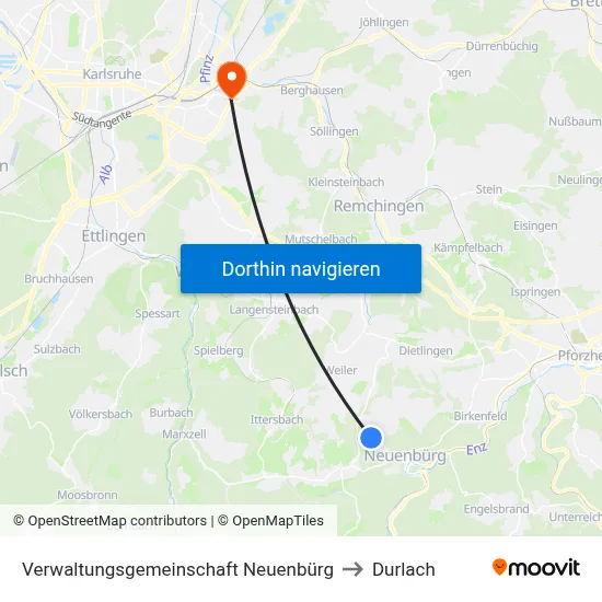 Verwaltungsgemeinschaft Neuenbürg to Durlach map