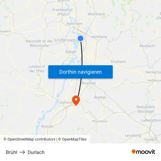 Brühl to Durlach map