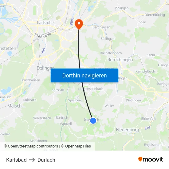 Karlsbad to Durlach map