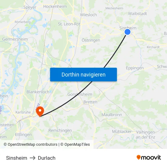 Sinsheim to Durlach map