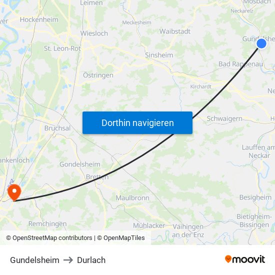 Gundelsheim to Durlach map