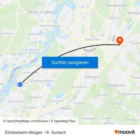 Elchesheim-Illingen to Durlach map