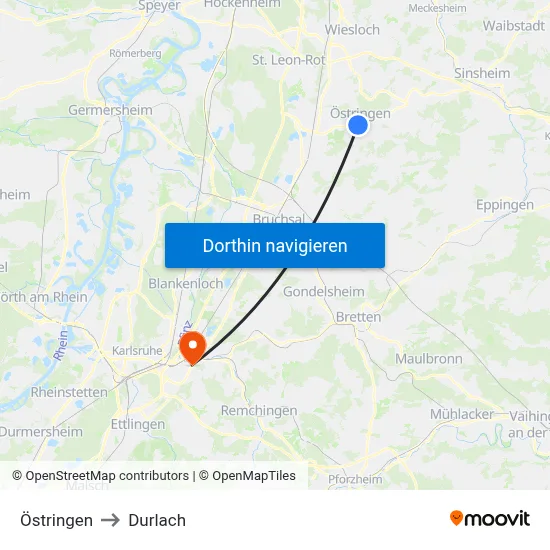 Östringen to Durlach map