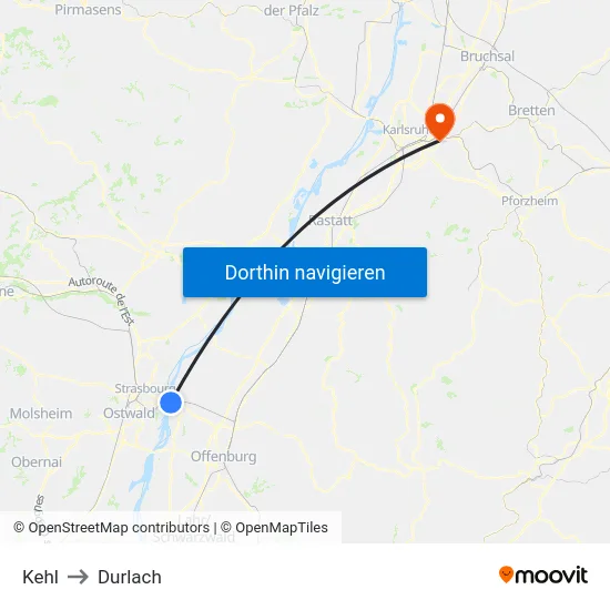 Kehl to Durlach map