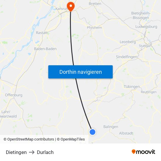 Dietingen to Durlach map