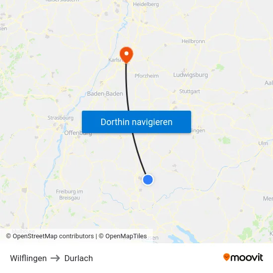 Wilflingen to Durlach map