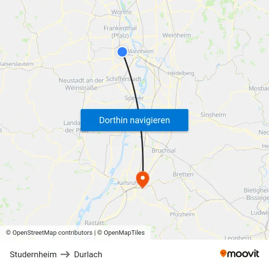 Studernheim to Durlach map