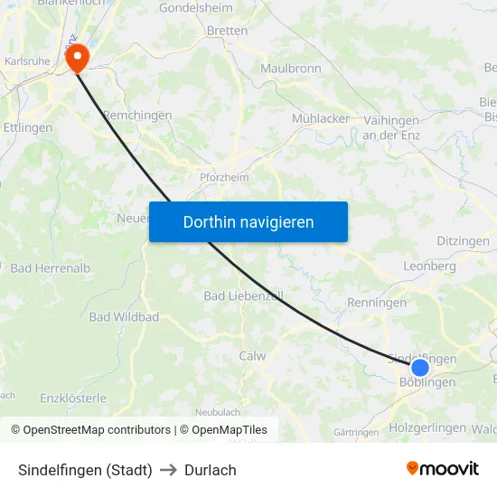 Sindelfingen (Stadt) to Durlach map