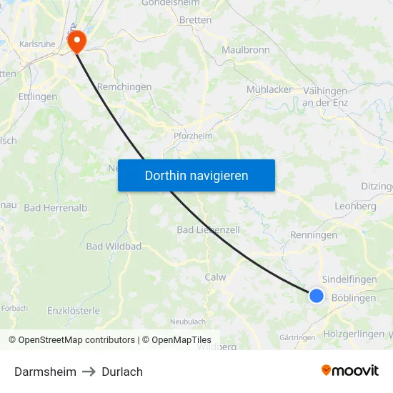 Darmsheim to Durlach map