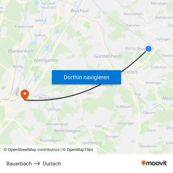 Bauerbach to Durlach map