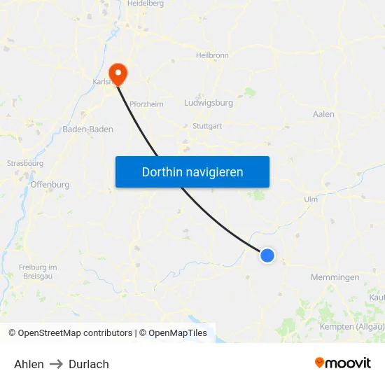 Ahlen to Durlach map