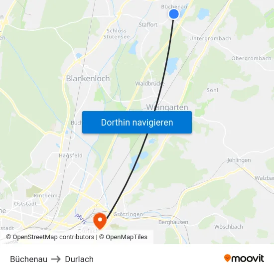 Büchenau to Durlach map