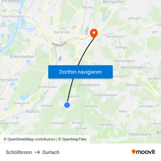 Schöllbronn to Durlach map