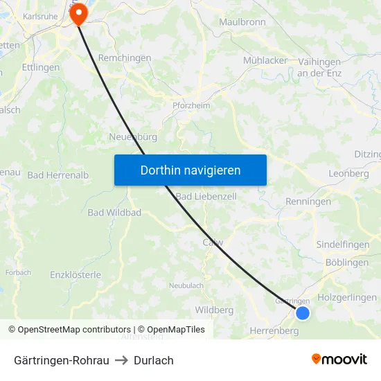 Gärtringen-Rohrau to Durlach map