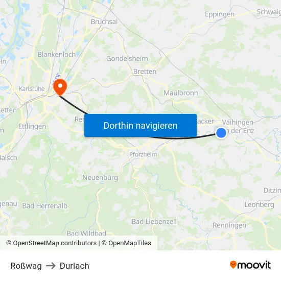 Roßwag to Durlach map