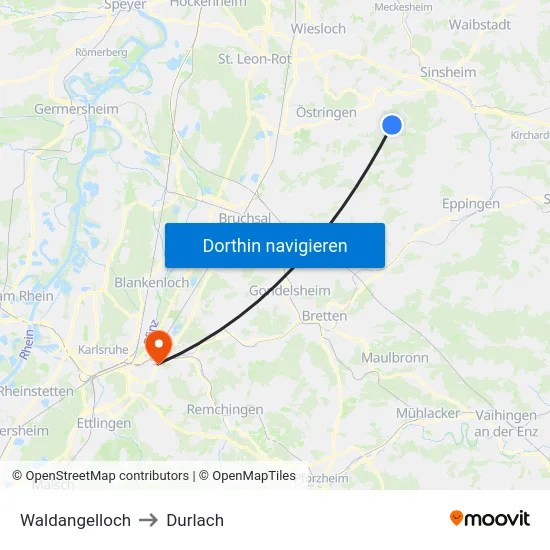 Waldangelloch to Durlach map