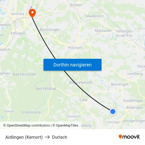 Aidlingen (Kernort) to Durlach map