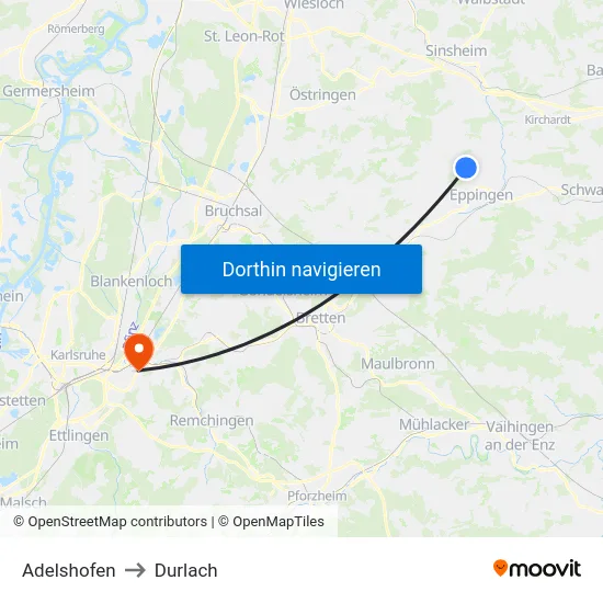 Adelshofen to Durlach map